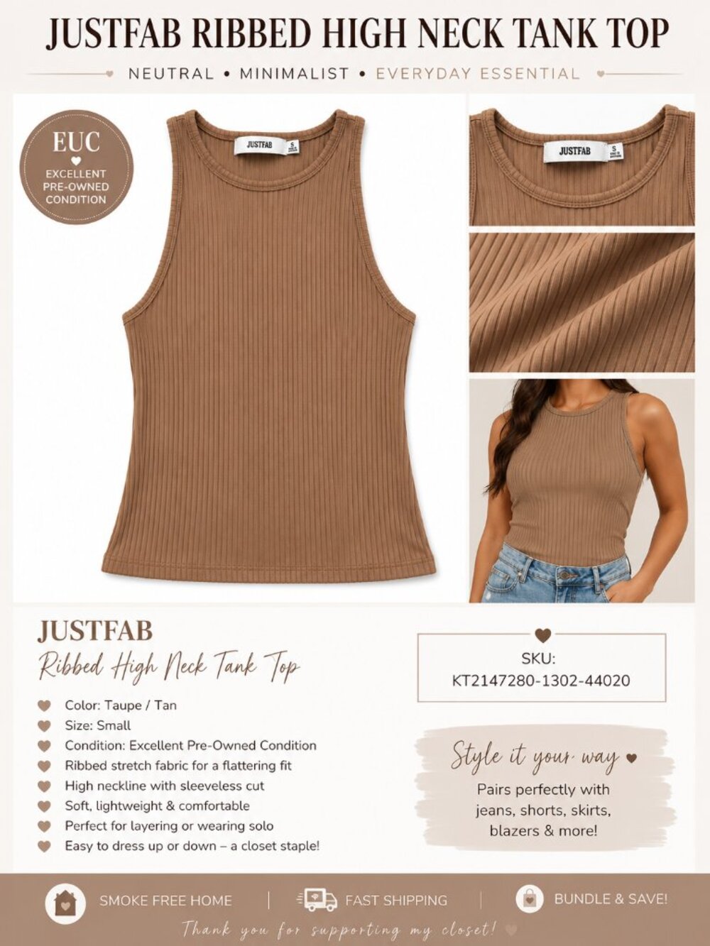 JustFab Tan  Ribbed High Neck Tank Top Size Small